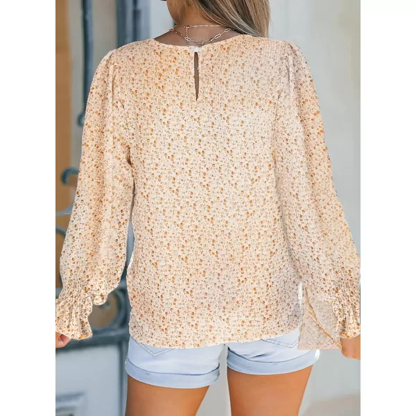 Dokotoo Floral Print Blouses for Women Crewneck Smocked Puff Sleeve Shirts Casual Babydoll Tops