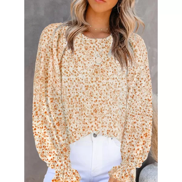 Dokotoo Floral Print Blouses for Women Crewneck Smocked Puff Sleeve Shirts Casual Babydoll Tops