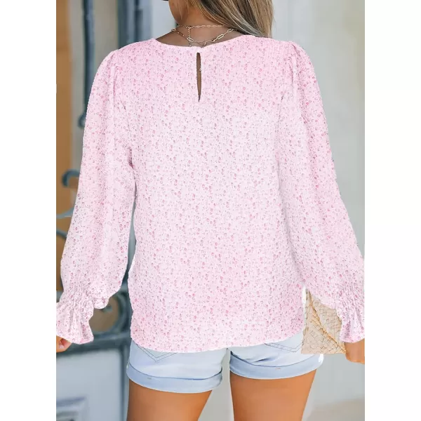 Dokotoo Floral Print Blouses for Women Crewneck Smocked Puff Sleeve Shirts Casual Babydoll Tops