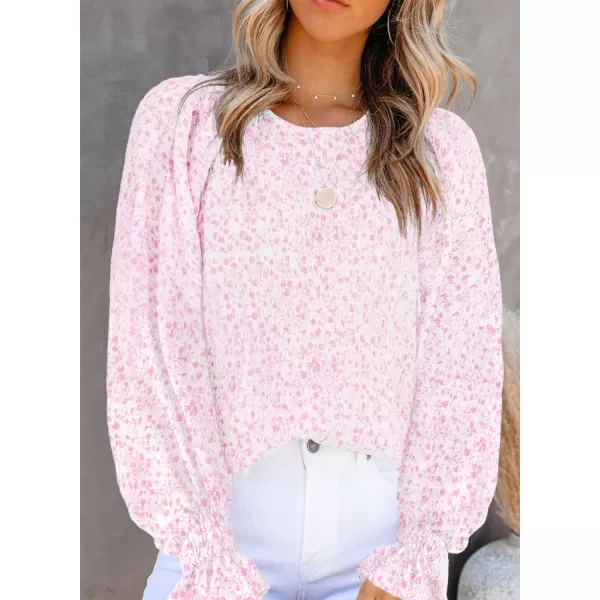 Dokotoo Floral Print Blouses for Women Crewneck Smocked Puff Sleeve Shirts Casual Babydoll Tops