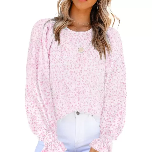 Dokotoo Floral Print Blouses for Women Crewneck Smocked Puff Sleeve Shirts Casual Babydoll Tops