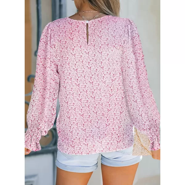 Dokotoo Floral Print Blouses for Women Crewneck Smocked Puff Sleeve Shirts Casual Babydoll Tops