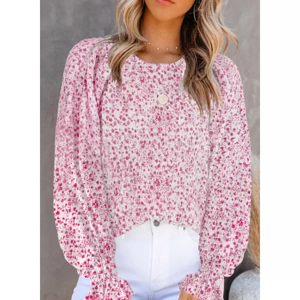 Dokotoo Floral Print Blouses for Women Crewneck Smocked Puff Sleeve Shirts Casual Babydoll Tops