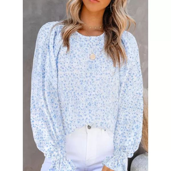 Dokotoo Floral Print Blouses for Women Crewneck Smocked Puff Sleeve Shirts Casual Babydoll Tops