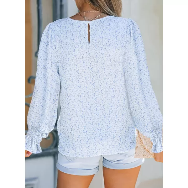 Dokotoo Floral Print Blouses for Women Crewneck Smocked Puff Sleeve Shirts Casual Babydoll Tops