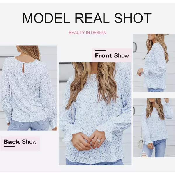 Dokotoo Floral Print Blouses for Women Crewneck Smocked Puff Sleeve Shirts Casual Babydoll Tops