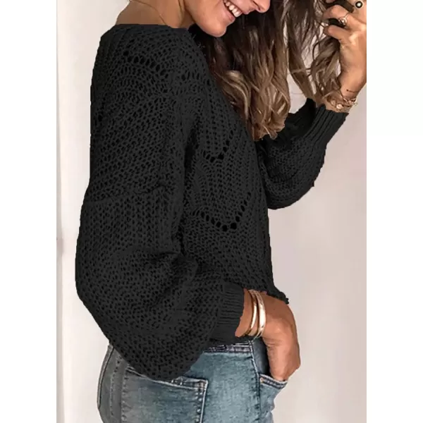 Dokotoo Womens 2023 Cute Elegant Soft Crewneck Long Sleeve Hollow Cable Knit Pullover Sweaters