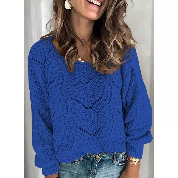 Dokotoo Womens 2023 Cute Elegant Soft Crewneck Long Sleeve Hollow Cable Knit Pullover Sweaters