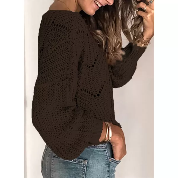 Dokotoo Womens 2023 Cute Elegant Soft Crewneck Long Sleeve Hollow Cable Knit Pullover Sweaters