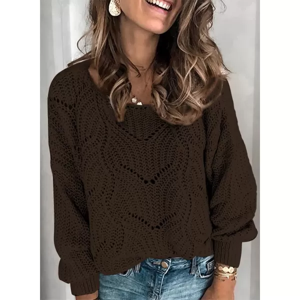 Dokotoo Womens 2023 Cute Elegant Soft Crewneck Long Sleeve Hollow Cable Knit Pullover Sweaters