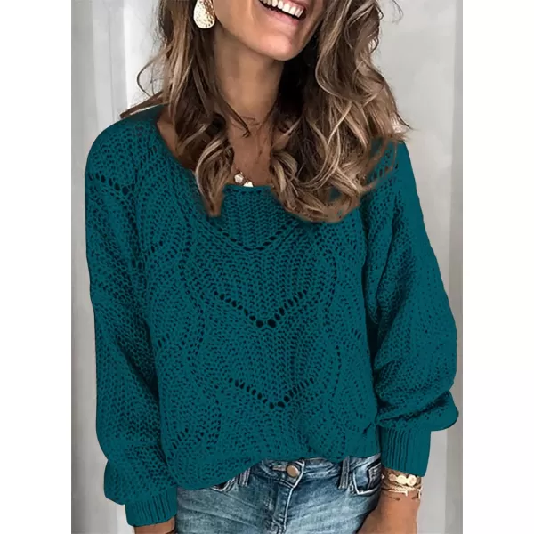Dokotoo Womens 2023 Cute Elegant Soft Crewneck Long Sleeve Hollow Cable Knit Pullover Sweaters