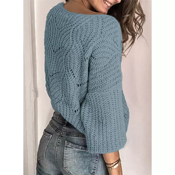 Dokotoo Womens 2023 Cute Elegant Soft Crewneck Long Sleeve Hollow Cable Knit Pullover Sweaters