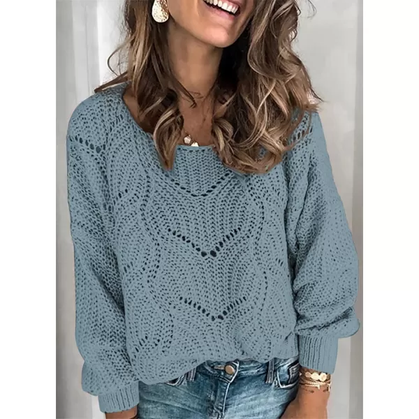 Dokotoo Womens 2023 Cute Elegant Soft Crewneck Long Sleeve Hollow Cable Knit Pullover Sweaters