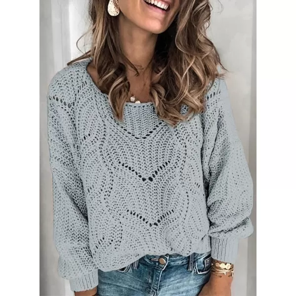 Dokotoo Womens 2023 Cute Elegant Soft Crewneck Long Sleeve Hollow Cable Knit Pullover Sweaters