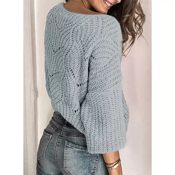 Dokotoo Womens 2023 Cute Elegant Soft Crewneck Long Sleeve Hollow Cable Knit Pullover Sweaters