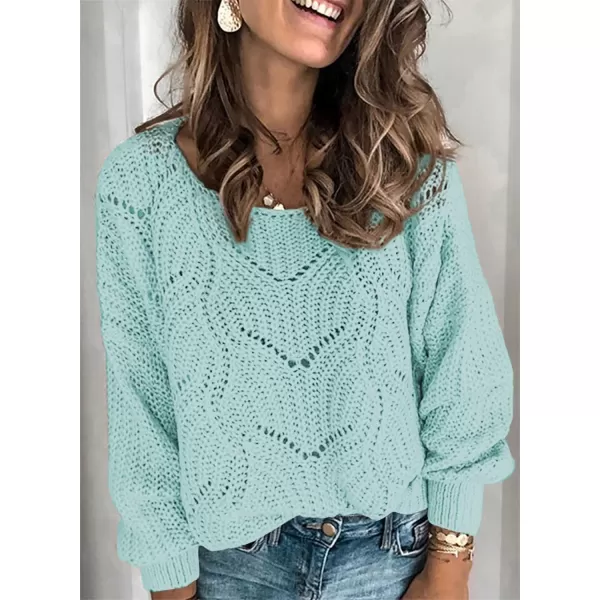Dokotoo Womens 2023 Cute Elegant Soft Crewneck Long Sleeve Hollow Cable Knit Pullover Sweaters
