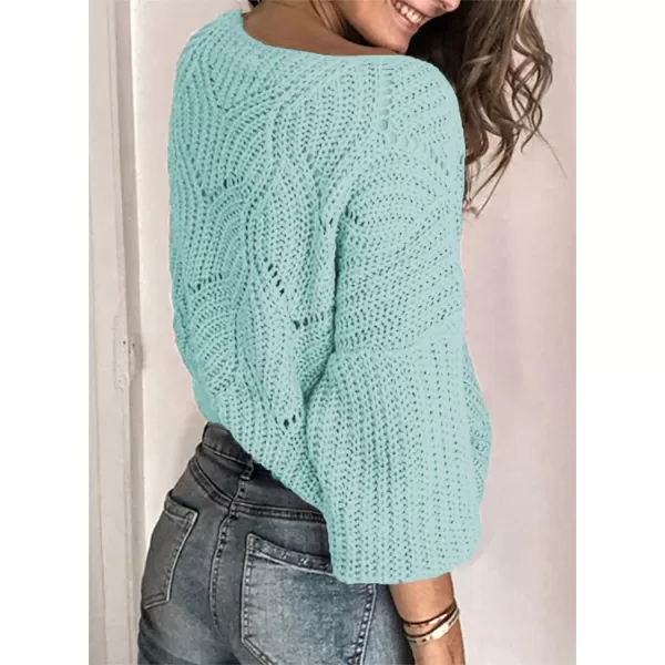 Dokotoo Womens 2023 Cute Elegant Soft Crewneck Long Sleeve Hollow Cable Knit Pullover Sweaters