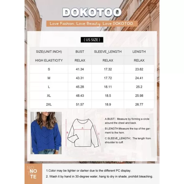 Dokotoo Womens 2023 Cute Elegant Soft Crewneck Long Sleeve Hollow Cable Knit Pullover Sweaters
