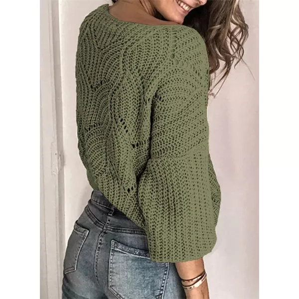 Dokotoo Womens 2023 Cute Elegant Soft Crewneck Long Sleeve Hollow Cable Knit Pullover Sweaters