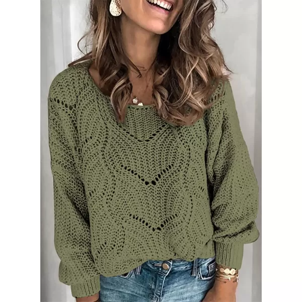 Dokotoo Womens 2023 Cute Elegant Soft Crewneck Long Sleeve Hollow Cable Knit Pullover Sweaters