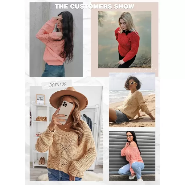 Dokotoo Womens 2023 Cute Elegant Soft Crewneck Long Sleeve Hollow Cable Knit Pullover Sweaters