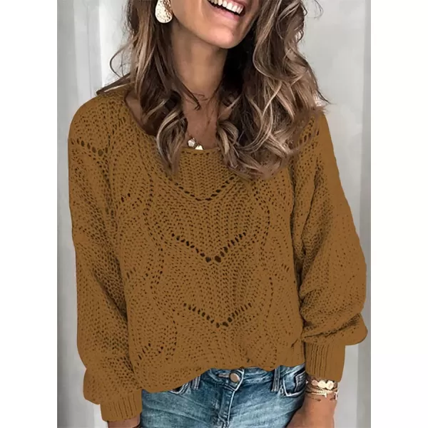 Dokotoo Womens 2023 Cute Elegant Soft Crewneck Long Sleeve Hollow Cable Knit Pullover Sweaters