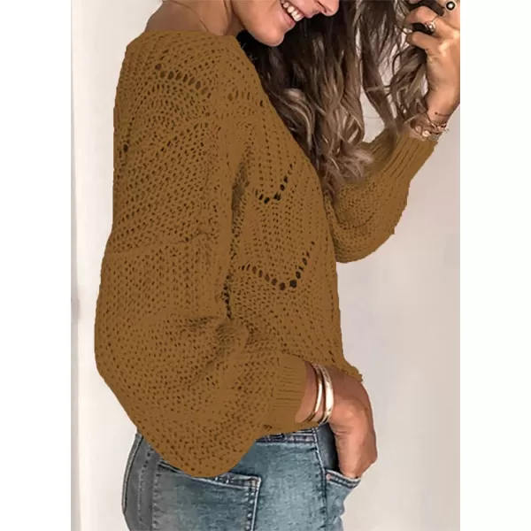 Dokotoo Womens 2023 Cute Elegant Soft Crewneck Long Sleeve Hollow Cable Knit Pullover Sweaters