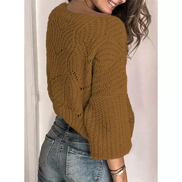 Dokotoo Womens 2023 Cute Elegant Soft Crewneck Long Sleeve Hollow Cable Knit Pullover Sweaters