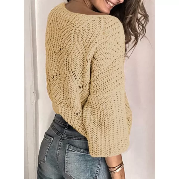 Dokotoo Womens 2023 Cute Elegant Soft Crewneck Long Sleeve Hollow Cable Knit Pullover Sweaters