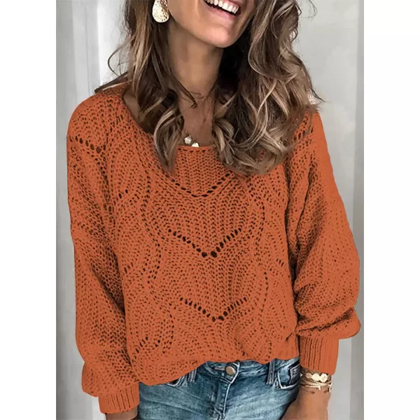 Dokotoo Womens 2023 Cute Elegant Soft Crewneck Long Sleeve Hollow Cable Knit Pullover Sweaters