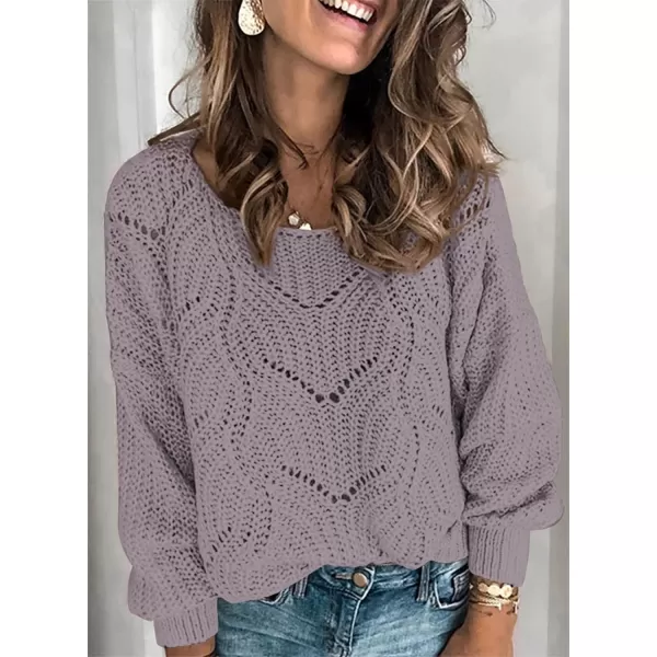 Dokotoo Womens 2023 Cute Elegant Soft Crewneck Long Sleeve Hollow Cable Knit Pullover Sweaters