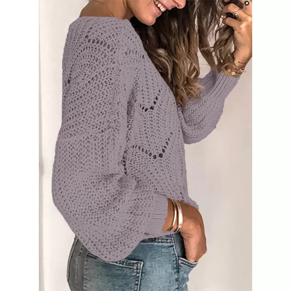 Dokotoo Womens 2023 Cute Elegant Soft Crewneck Long Sleeve Hollow Cable Knit Pullover Sweaters