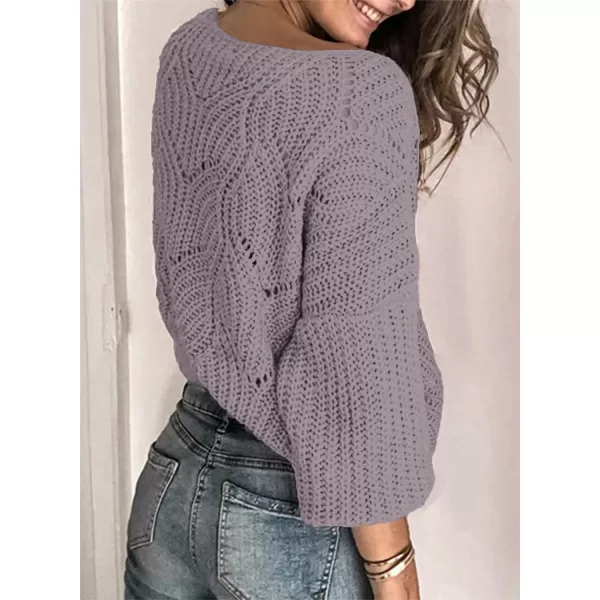 Dokotoo Womens 2023 Cute Elegant Soft Crewneck Long Sleeve Hollow Cable Knit Pullover Sweaters