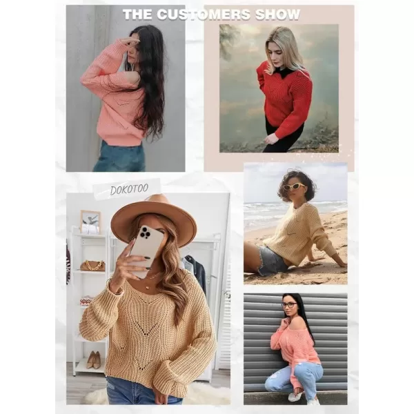 Dokotoo Womens 2023 Cute Elegant Soft Crewneck Long Sleeve Hollow Cable Knit Pullover Sweaters