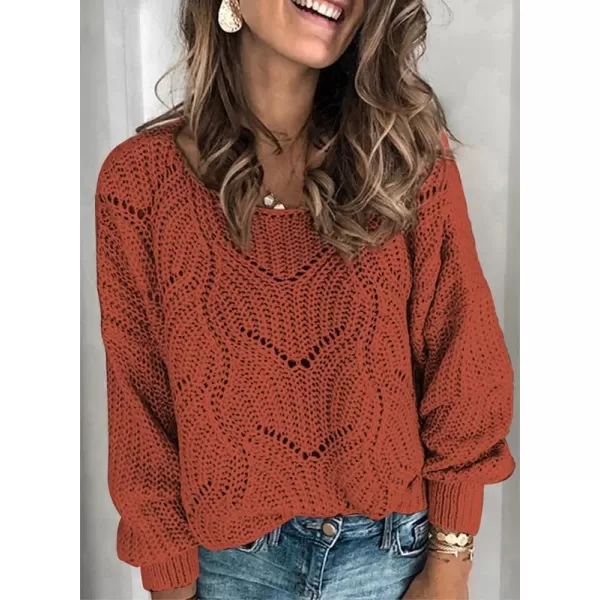 Dokotoo Womens 2023 Cute Elegant Soft Crewneck Long Sleeve Hollow Cable Knit Pullover Sweaters
