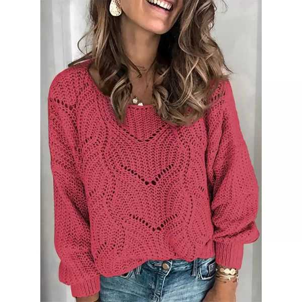 Dokotoo Womens 2023 Cute Elegant Soft Crewneck Long Sleeve Hollow Cable Knit Pullover Sweaters