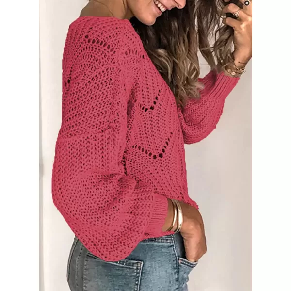 Dokotoo Womens 2023 Cute Elegant Soft Crewneck Long Sleeve Hollow Cable Knit Pullover Sweaters