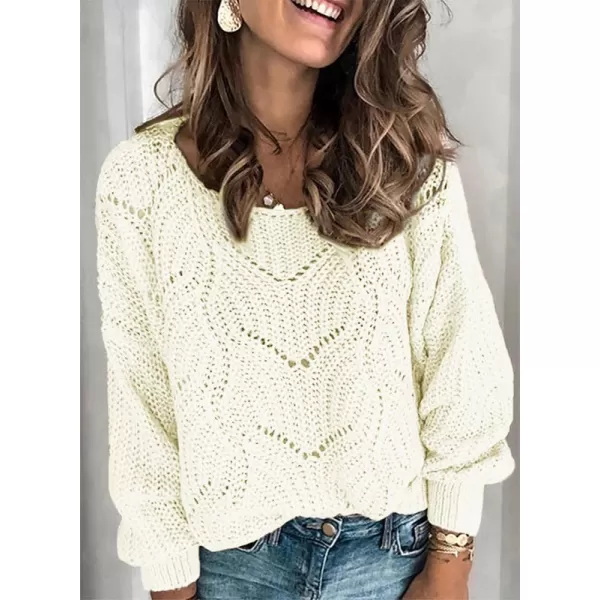 Dokotoo Womens 2023 Cute Elegant Soft Crewneck Long Sleeve Hollow Cable Knit Pullover Sweaters