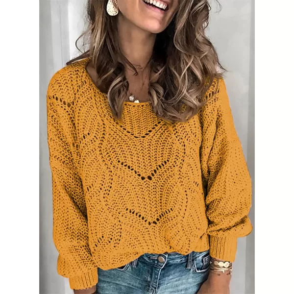Dokotoo Womens 2023 Cute Elegant Soft Crewneck Long Sleeve Hollow Cable Knit Pullover Sweaters