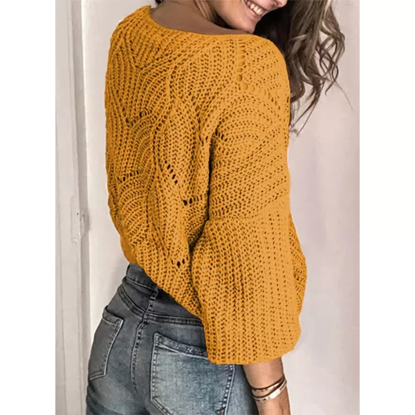 Dokotoo Womens 2023 Cute Elegant Soft Crewneck Long Sleeve Hollow Cable Knit Pullover Sweaters
