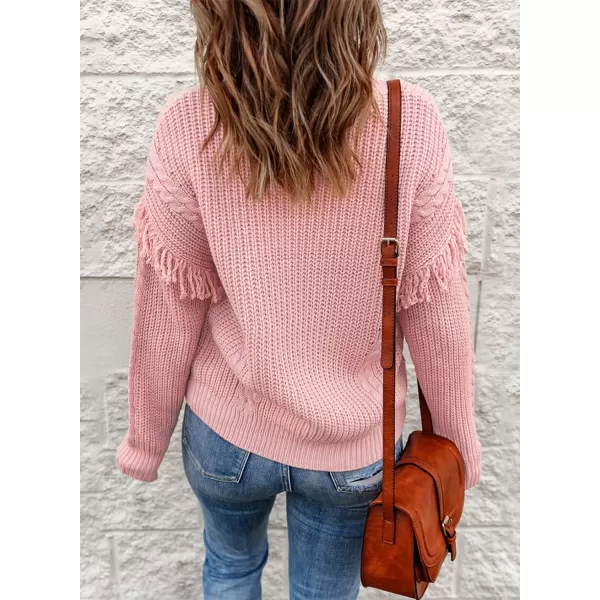 Dokotoo Womens 2023 Cute Elegant Soft Crewneck Long Sleeve Hollow Cable Knit Pullover Sweaters