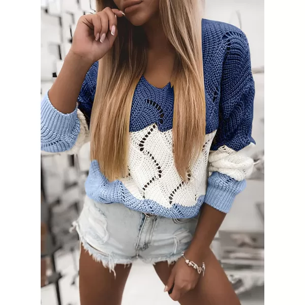 Dokotoo Womens 2023 Cute Elegant Soft Crewneck Long Sleeve Hollow Cable Knit Pullover Sweaters