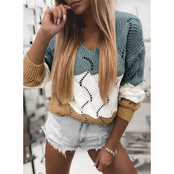 Dokotoo Womens 2023 Cute Elegant Soft Crewneck Long Sleeve Hollow Cable Knit Pullover Sweaters
