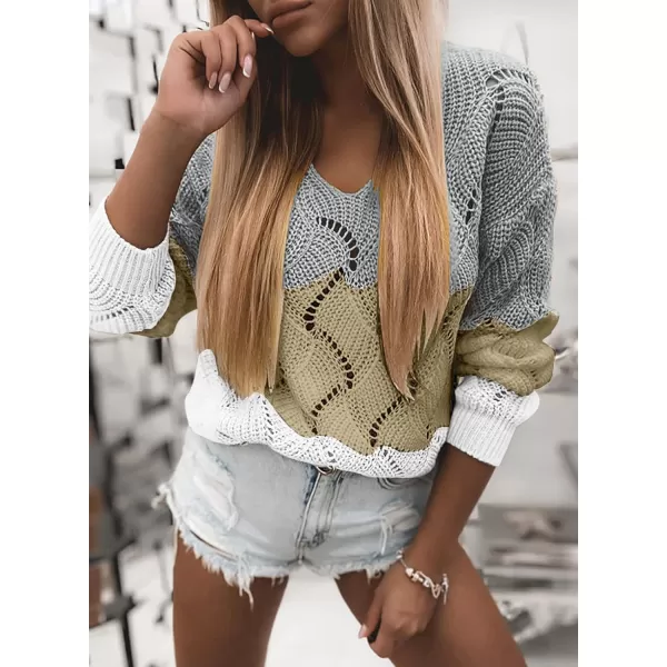 Dokotoo Womens 2023 Cute Elegant Soft Crewneck Long Sleeve Hollow Cable Knit Pullover Sweaters