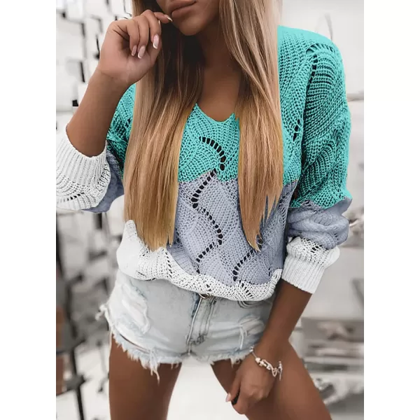 Dokotoo Womens 2023 Cute Elegant Soft Crewneck Long Sleeve Hollow Cable Knit Pullover Sweaters