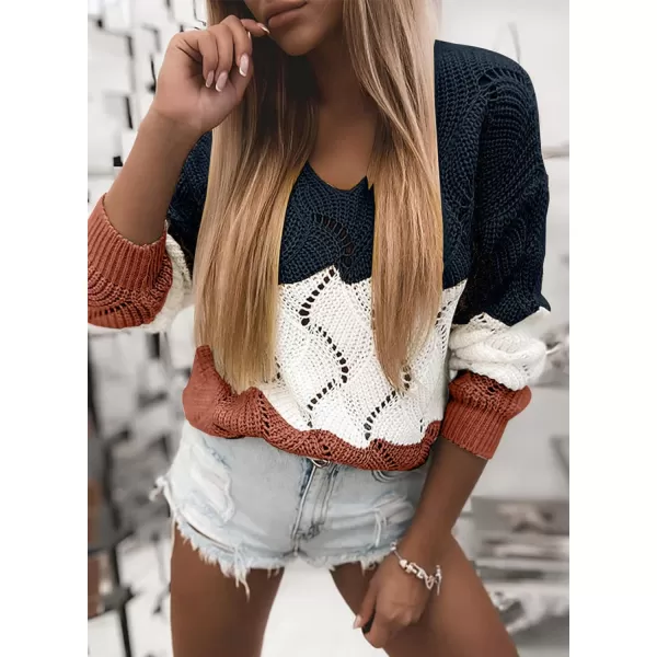 Dokotoo Womens 2023 Cute Elegant Soft Crewneck Long Sleeve Hollow Cable Knit Pullover Sweaters