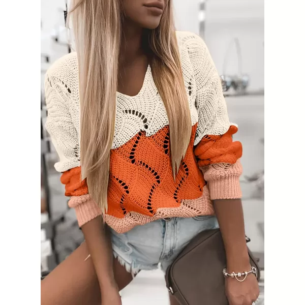 Dokotoo Womens 2023 Cute Elegant Soft Crewneck Long Sleeve Hollow Cable Knit Pullover Sweaters