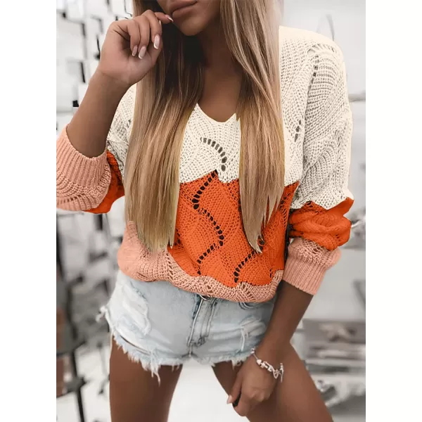 Dokotoo Womens 2023 Cute Elegant Soft Crewneck Long Sleeve Hollow Cable Knit Pullover Sweaters