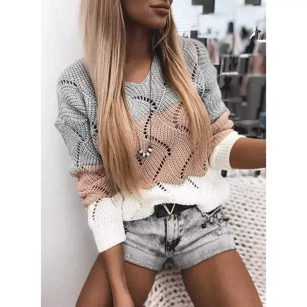 Dokotoo Womens 2023 Cute Elegant Soft Crewneck Long Sleeve Hollow Cable Knit Pullover Sweaters