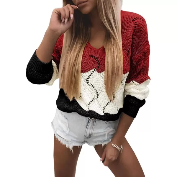 Dokotoo Womens 2023 Cute Elegant Soft Crewneck Long Sleeve Hollow Cable Knit Pullover Sweaters